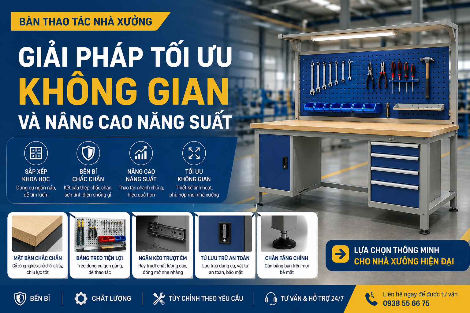 Bàn thao tác nhà xưởng: Giải pháp tối ưu không gian & nâng cao năng suất