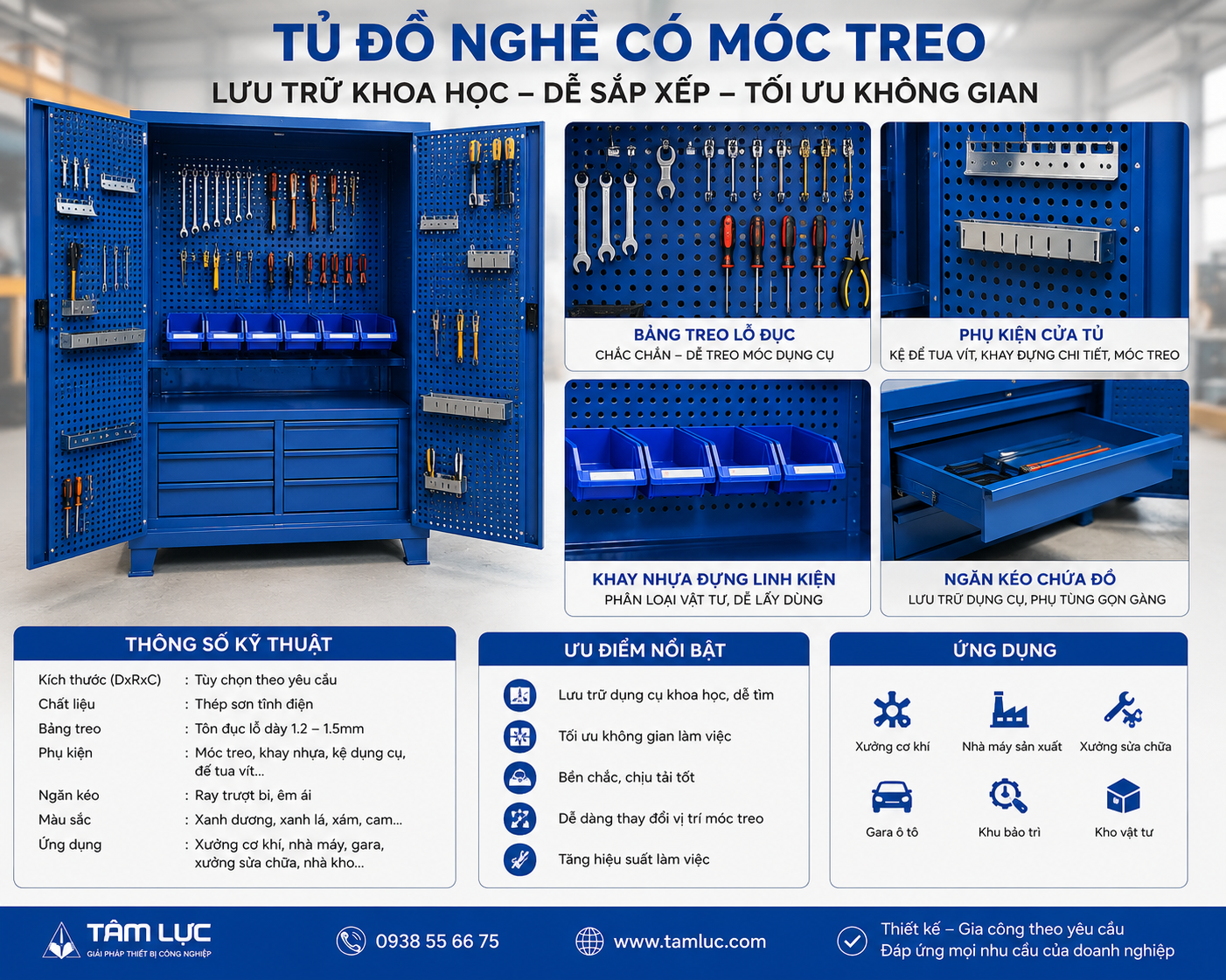Tận dụng tối đa không gian lưu trữ với tủ đồ nghề có giá treo và móc treo