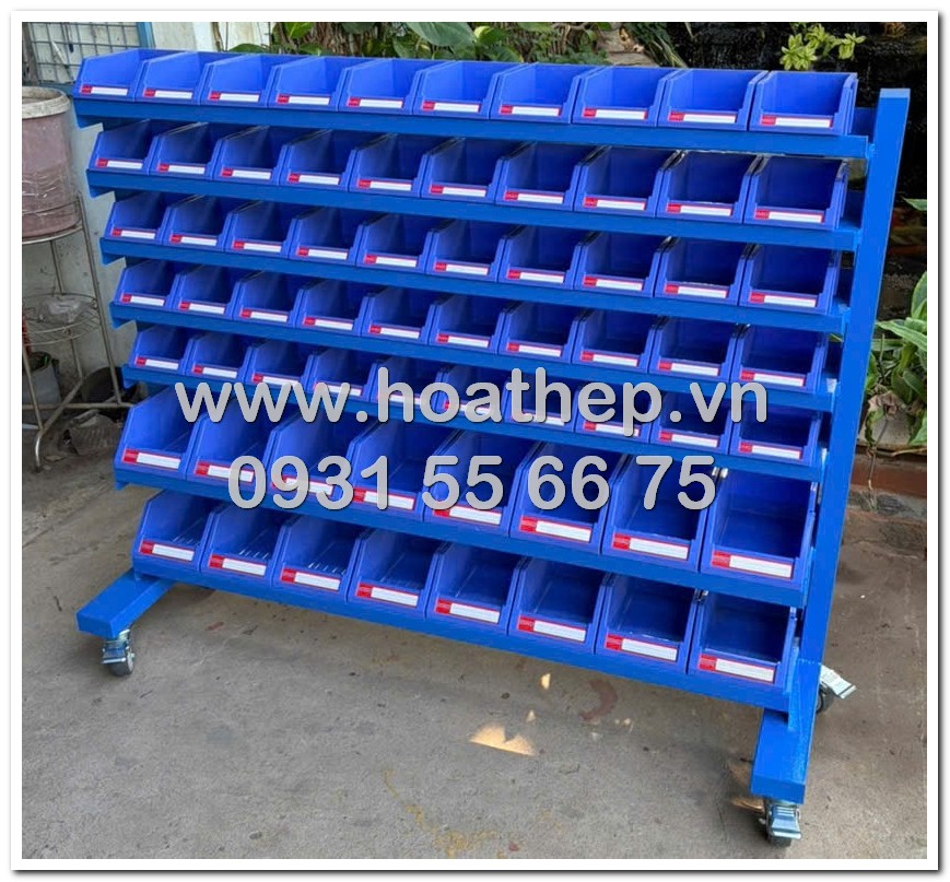 kệ dụng cụ 7 tầng, kệ có bánh xe, kệ 64 khay, kệ di động 1300x400x1000, kệ khay trung và nhỏ, sơn tĩnh điện màu xanh dương