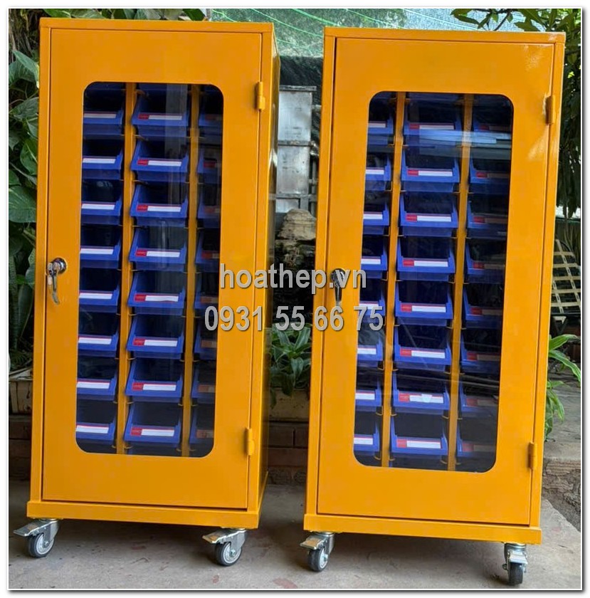 Tủ dụng cụ khay trung, tủ 30 khay, tủ đựng linh kiện, tủ kho xưởng, cửa k&iacute;nh mica, sơn tĩnh điện